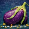 A painting features purple eggplants and a green vegetable