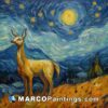 A painting featuring a deer in a landscape surrounded by stars