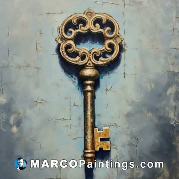 A painting featuring a golden key with an intricate design on it