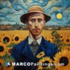 A painting featuring a man in a hat in a sunflower field