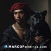 A painting featuring a man in a turban and a black panther