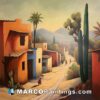 A painting featuring an old mexican settlement on a street with people and other creatures