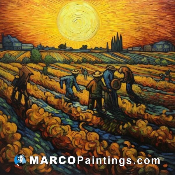 A painting featuring laborers plowing fields in the sun