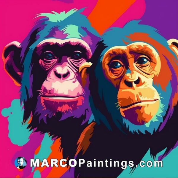 A painting featuring two chimpanzees painting on colorful backgrounds by pop art artist christian aguilera