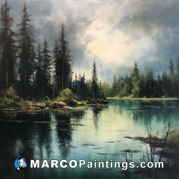 A painting in acrylic paint of forest reflected in a lake with trees and clouds