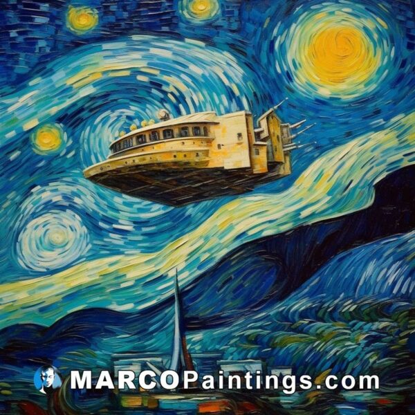 A painting in bright colors with a dark ship and star light starry night