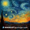 A painting is depicting a starry night with a city behind it