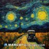 A painting is made of a van traveling on a road under the starry sky