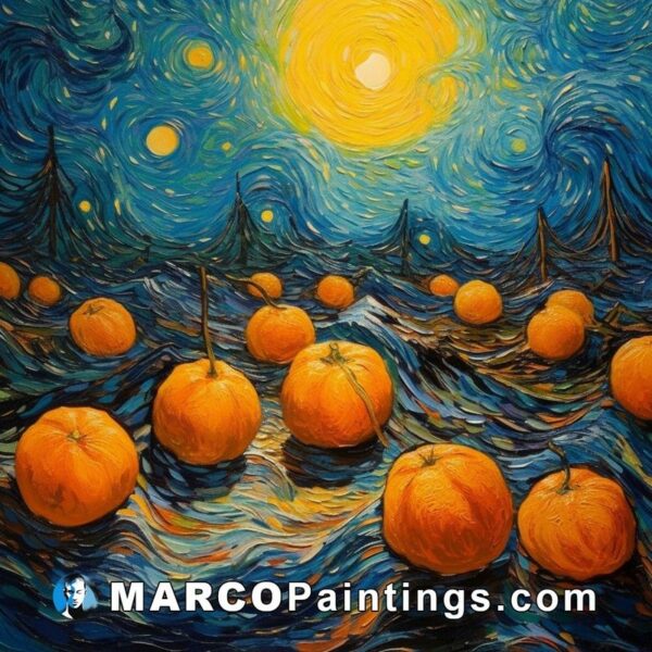 A painting is made of pumpkins with stars at night