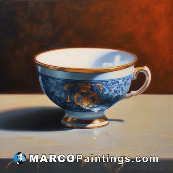 A painting is shown of a blue and gold teacup