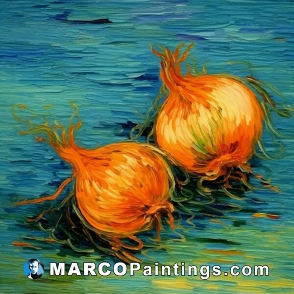 A painting is shown showing two orange onions in a blue pond