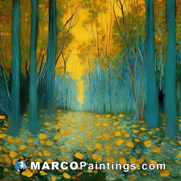 A painting is shown that encompasses a blue and yellow forest