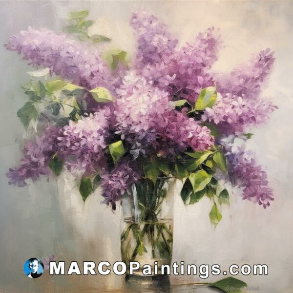 A painting is shown with purple lilacs in a vase