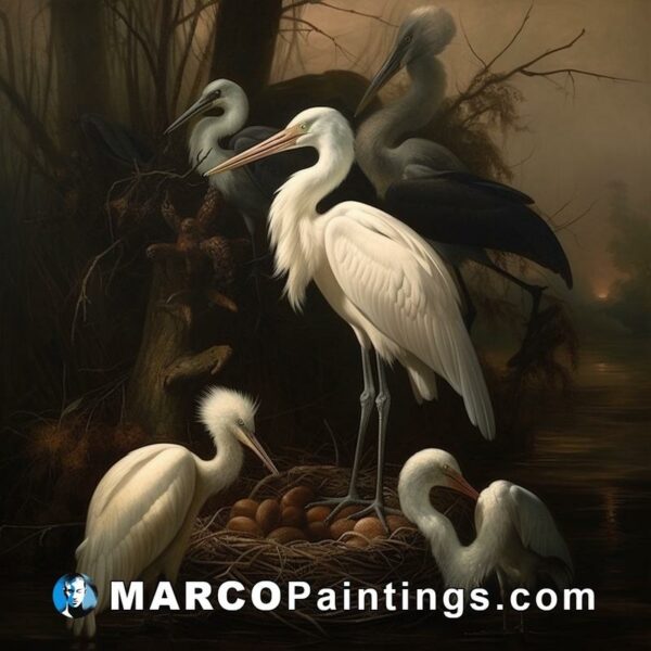 A painting made of white birds and eggs sitting on a branch in a pond