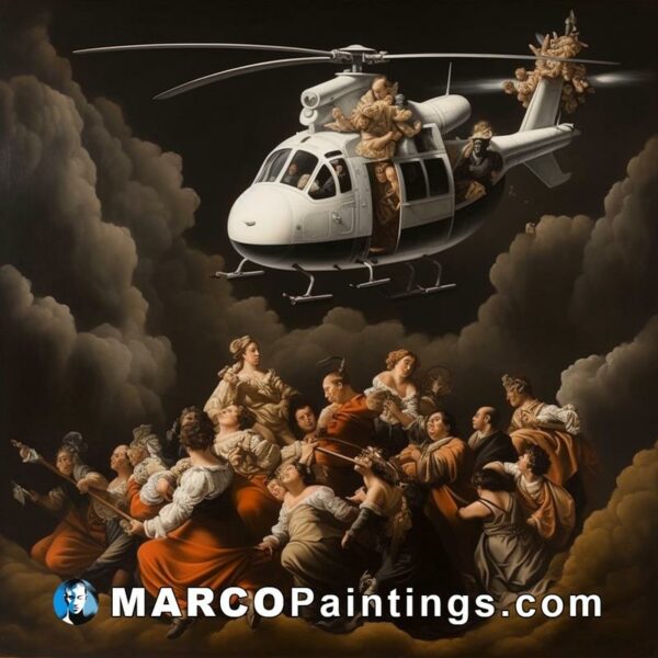 A painting made of women with a helicopter above them