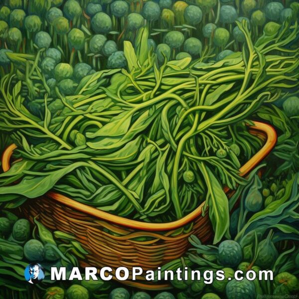 A painting of a basket with green peas