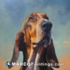 A painting of a basset hound looking into the sky