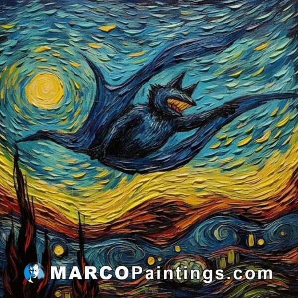 A painting of a bat flying with the starry night behind it