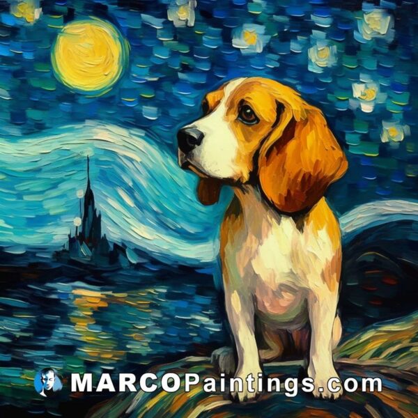 A painting of a beagle in front of night