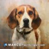 A painting of a beagle looking at the camera