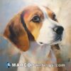A painting of a beagle looking to the side