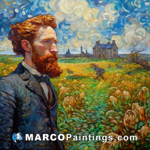 A painting of a bearded man in a wheat field