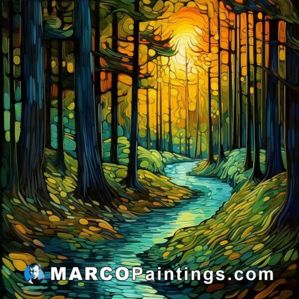 A painting of a beautiful forest in the evening with water running in it