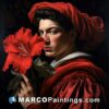 A painting of a beautiful man holding a red flower