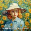 A painting of a beautiful woman in a blue hat near sunflowers
