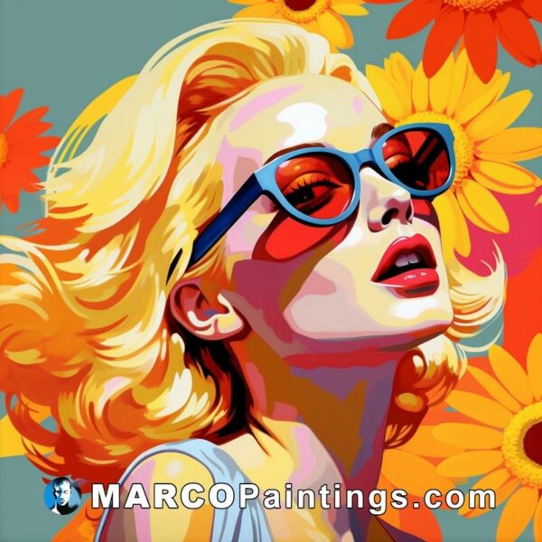 A painting of a beautiful woman wearing sunglasses in the background of flowers