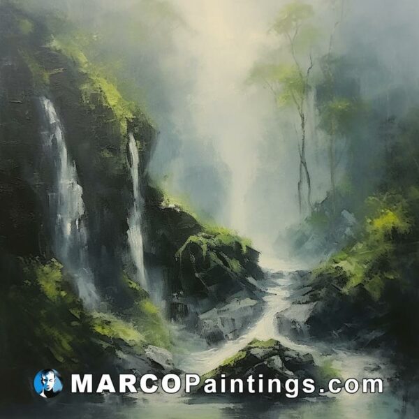 A painting of a big waterfall in the forest