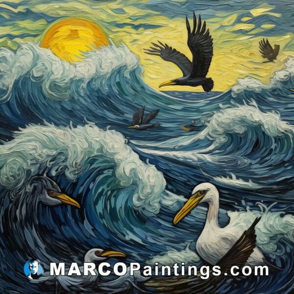 A painting of a bird in the waves