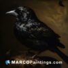 A painting of a black bird perched on a rock