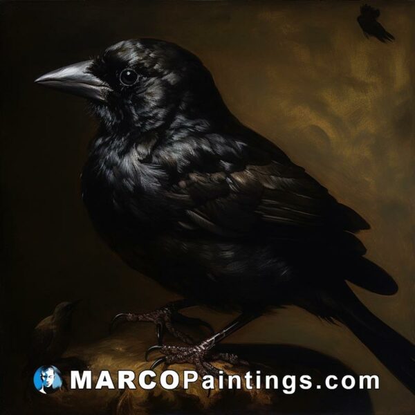 A painting of a black bird perched on a rock