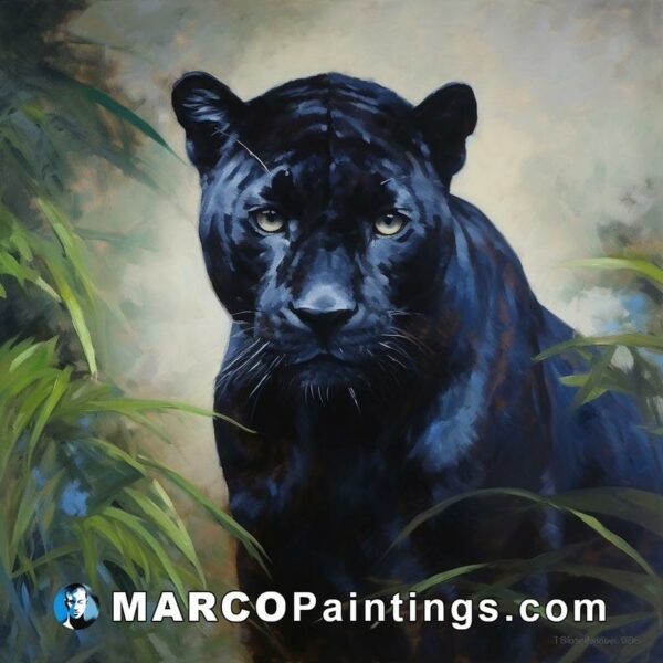 A painting of a black black panther in tall grass