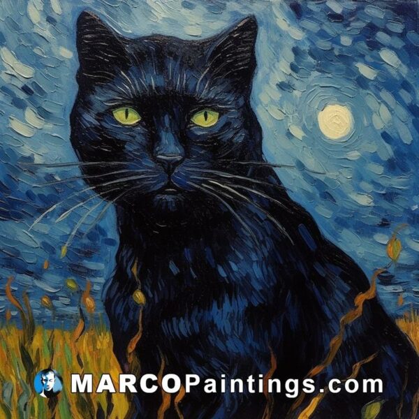 A painting of a black cat against the background of the moon