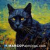 A painting of a black cat with yellow eyes