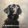 A painting of a black dog looking up