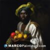 A painting of a black haired man holding fruits