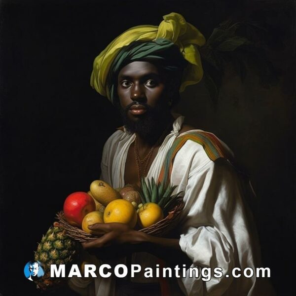 A painting of a black haired man holding fruits