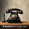 A painting of a black painted telephone on top of wooden desk