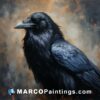 A painting of a black raven stood in front of a light