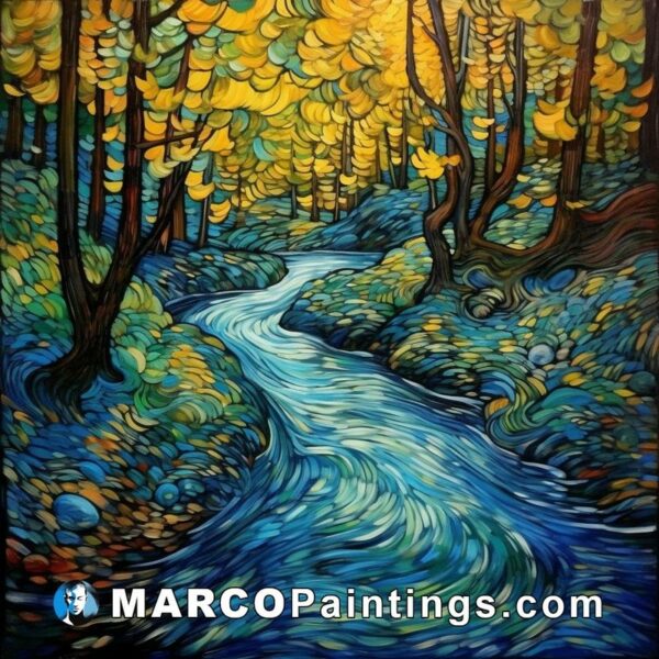 A painting of a blue and yellow river in the woods