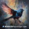 A painting of a blue bird with wings outstretched