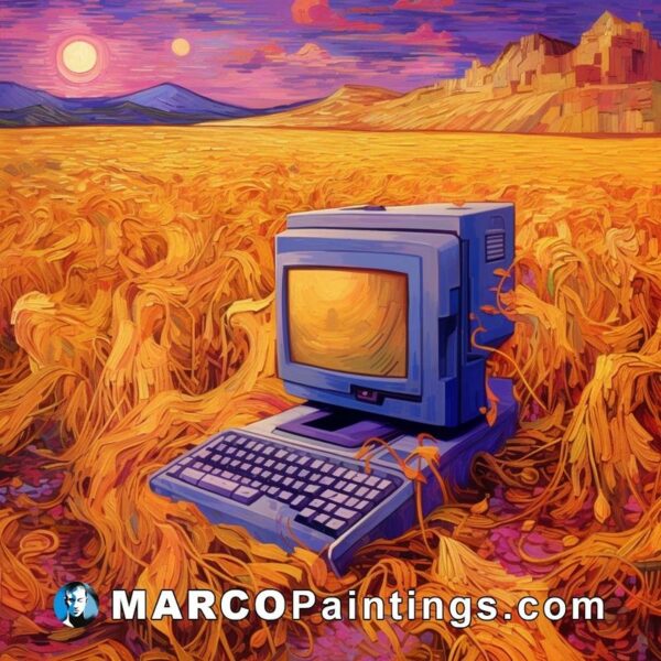 A painting of a blue computer in wheat field