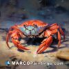 A painting of a blue crab standing on the dirt