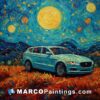 A painting of a blue jaguar xj under the stars