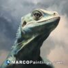 A painting of a blue lizard against a cloudy sky