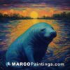 A painting of a blue manatee on a river near sunset