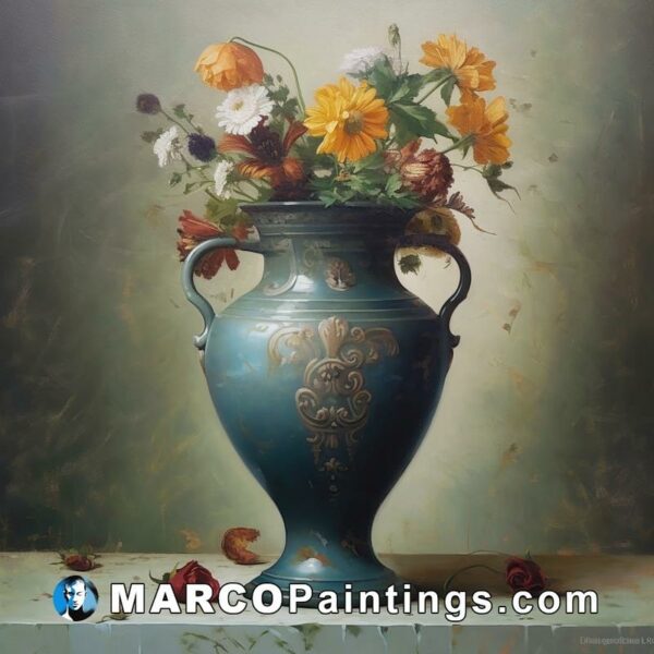 A painting of a blue vase filled with flowers